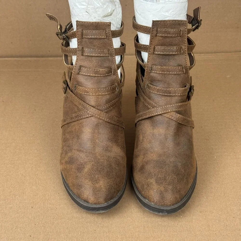 JustFab Women’s Brown Strappy Ankle Booties US 10 Block Heel Zip Back Pre-Owned - Picture 3 of 8